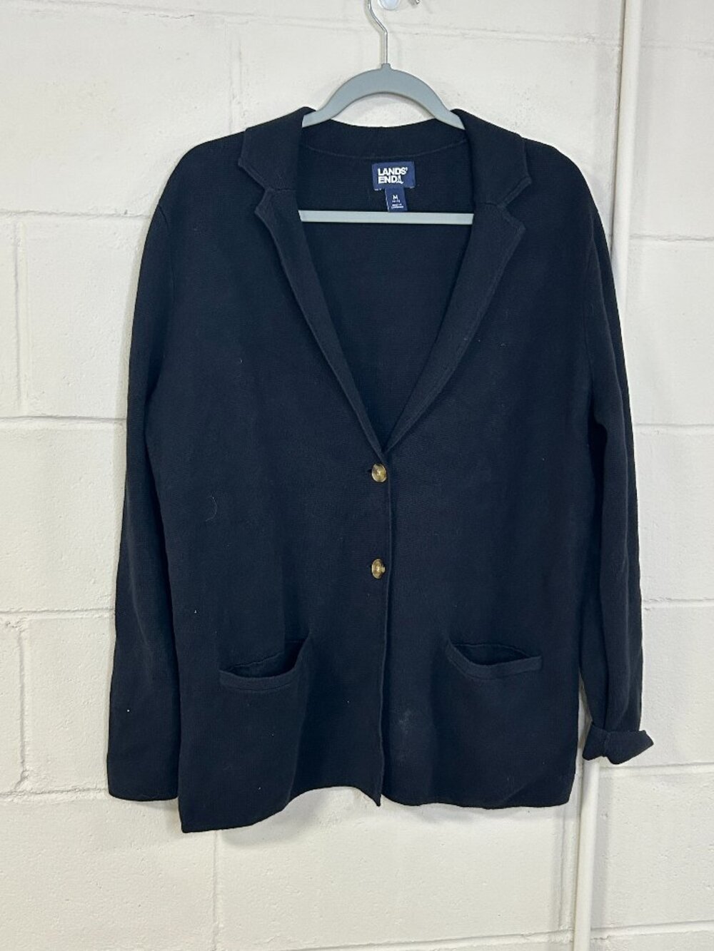 Lands End Blazer Womens Medium Two Button Knit Sweater Black Stretchy Cotton